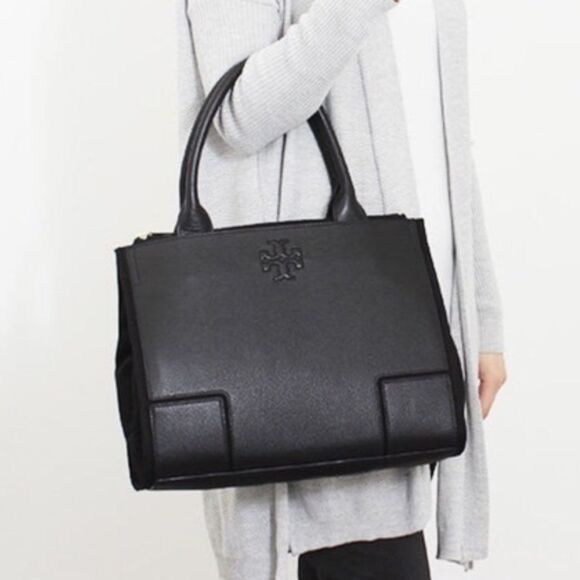 Tory Burch Ella Canvas Leather Tote Black - Picture 1 of 12